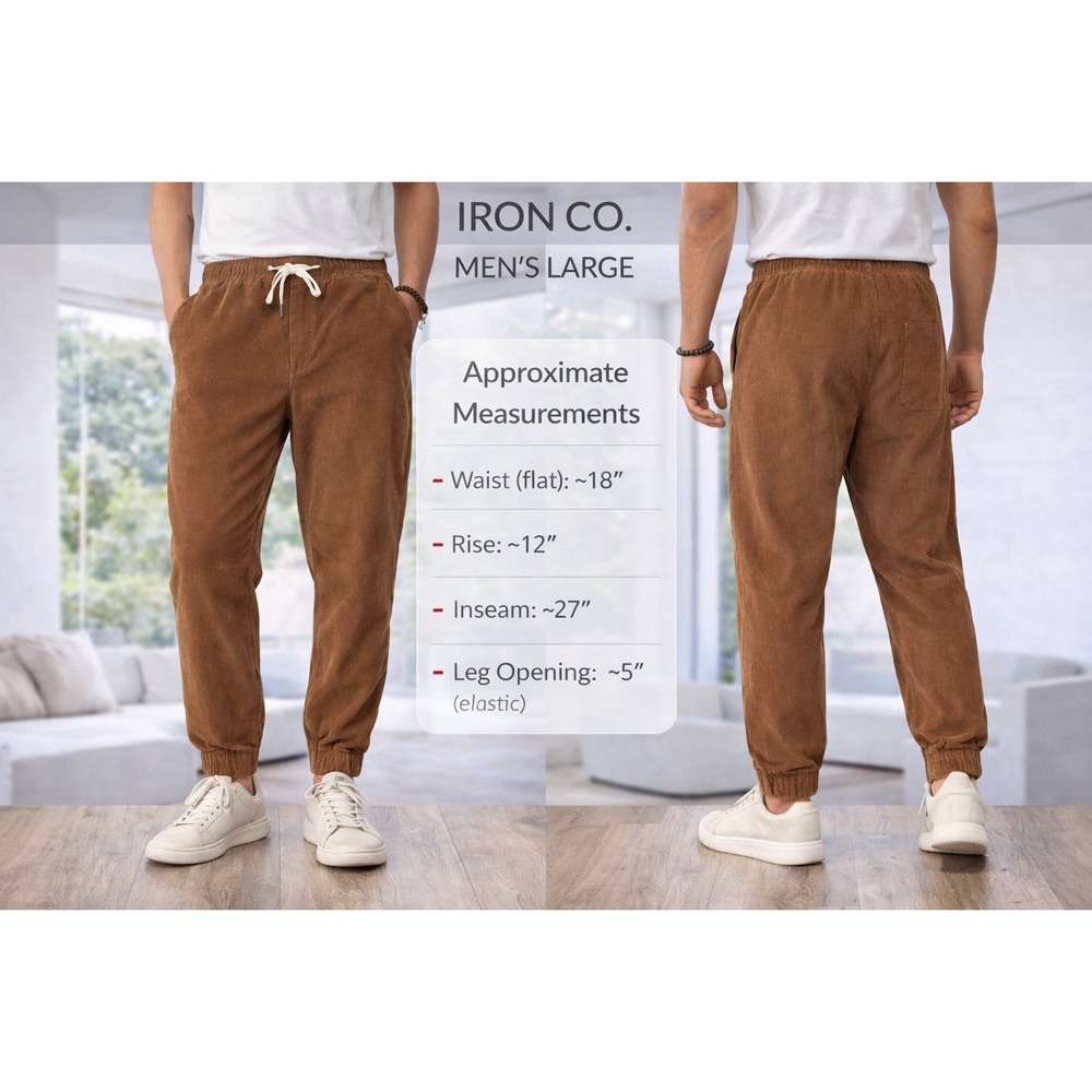Iron Co Men Corduroy Joggers Size Large Brown Elastic Waist Drawstring Pants L
